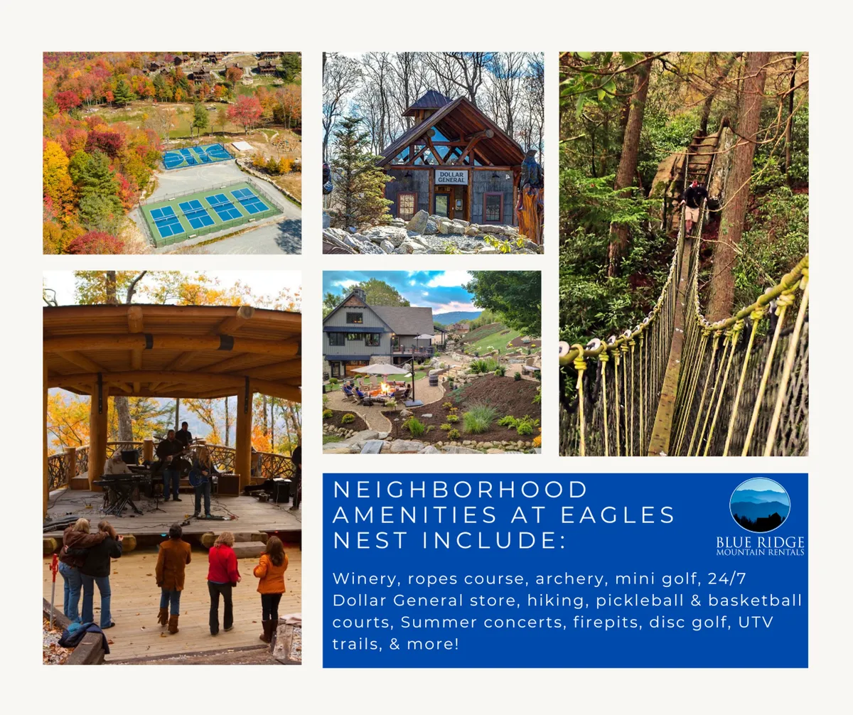 This exterior image features a lively community setting, including recreation areas with tennis courts, a rustic wooden pavilion stage, and a rope bridge surrounded by mountain scenery. The area is bustling with activity, capturing the essence of Eagles Nest's communal amenities such as sports courts, amphitheater, and family-friendly gathering spots.